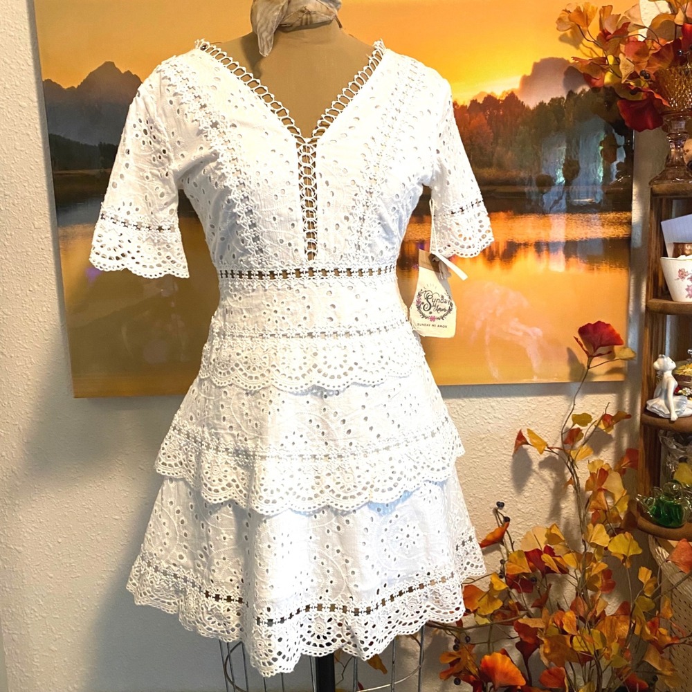 New Sunday Mi Amor Mini Dress Cottagecore bridal Eyelet Lace Women XS White
